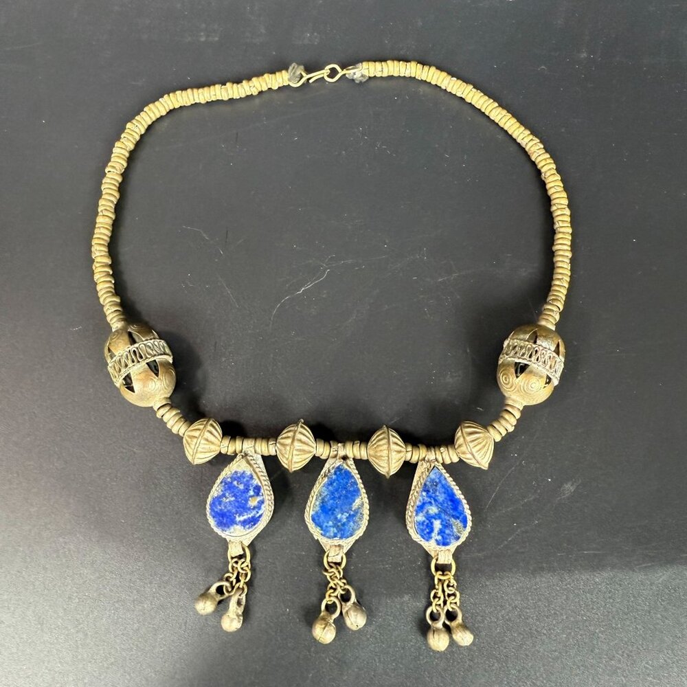 Vintage Kuchi Silver Tone Lapis Lazuli Teardrop Pendant Necklace